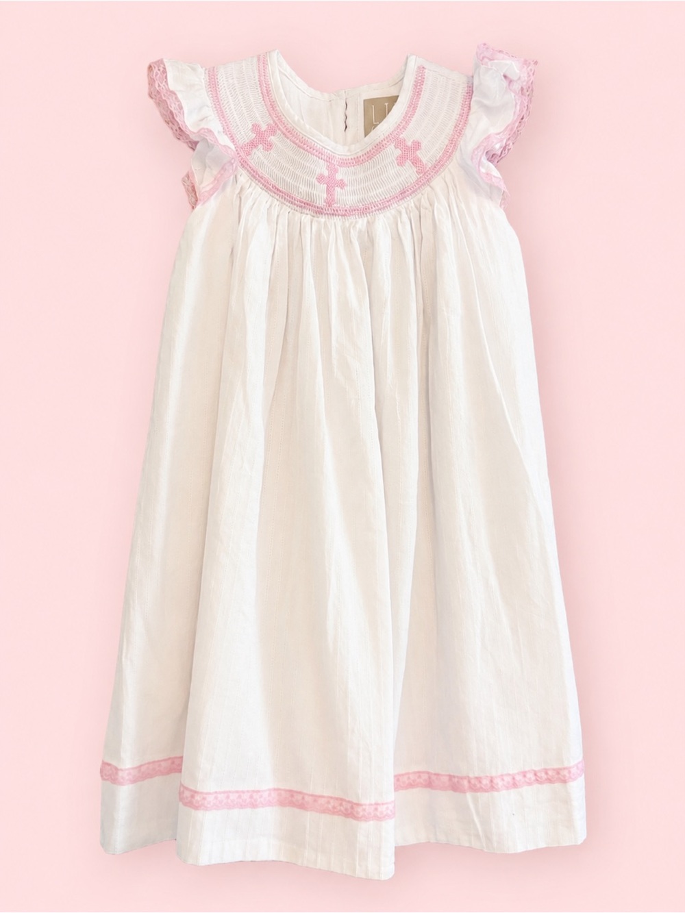 Lil Cactus Girls 5 White Smocked Yoke Bishop Dress Pink Cross Embroidery Lace